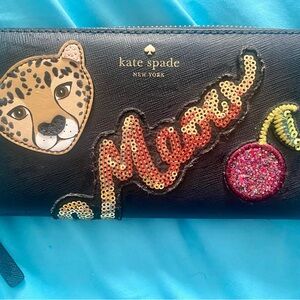kate spade Black Sequin 'Meow' Leopard Patch Zip Wallet